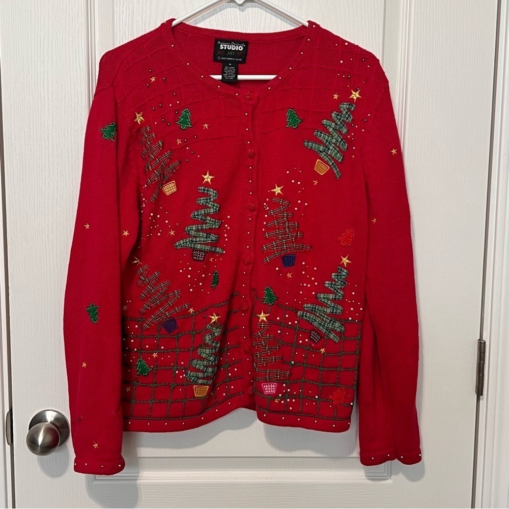 Vintage Studio Chrosmas Cardigan Sweater Womens Red Beaded Size Medium - Picture 2 of 10